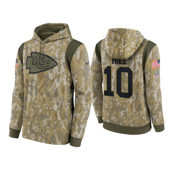 Men's Kansas City Chiefs #10 Tyreek Hill Camo 2021 Salute To Service Therma Performance Pullover Hoodie - Click Image to Close